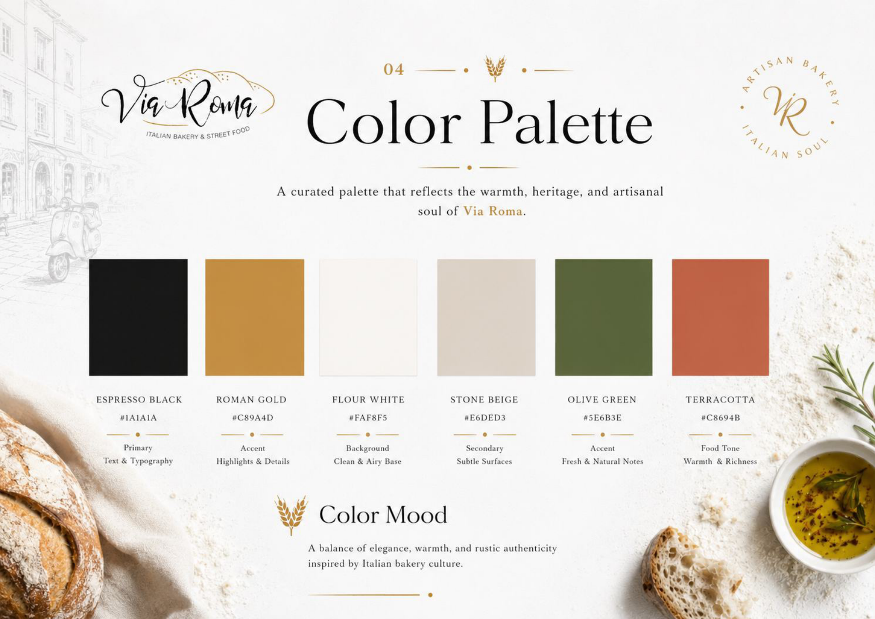 Via Roma colour & typography from the supplied brand presentation