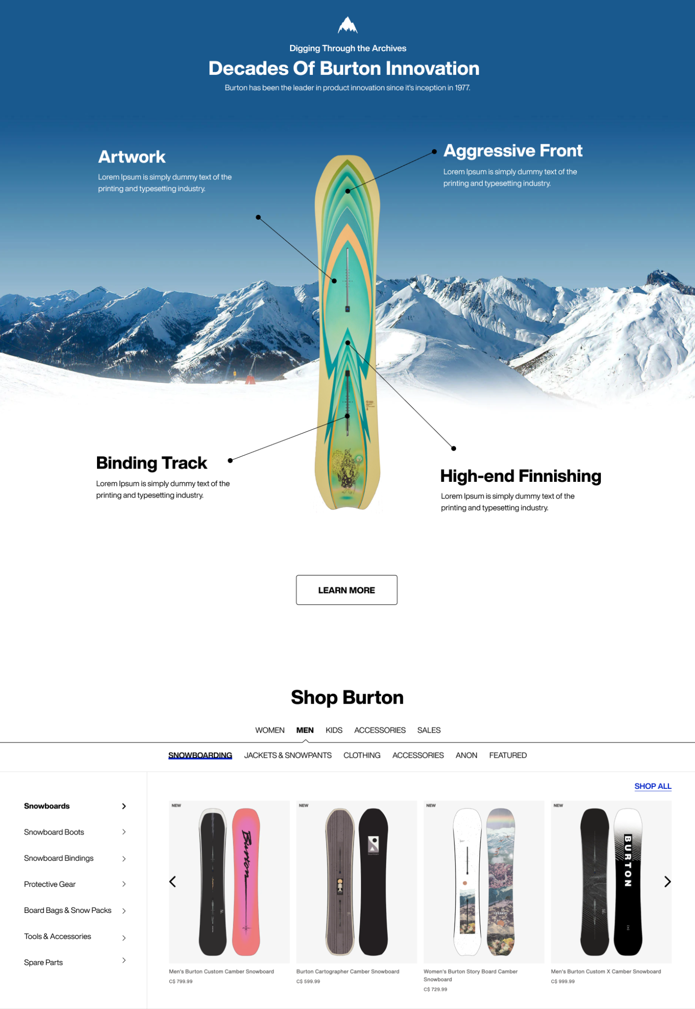 Burton Snowboards desktop website design