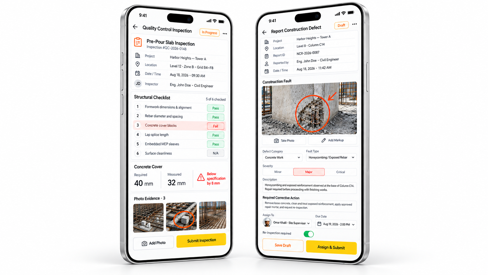 Perspective mobile screens showing construction quality inspection and defect reporting