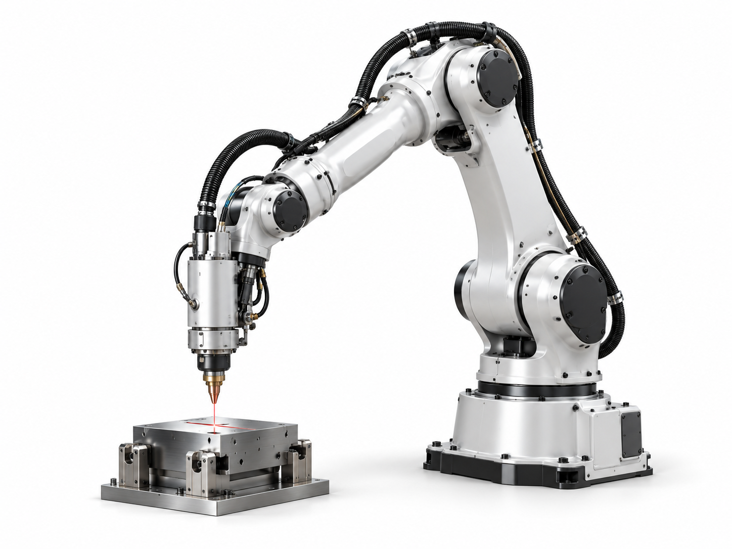 Illustrative industrial laser robotic arm on a white background